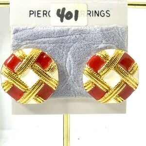 Vintage Lilly’s Red & Gold  Button Enamel Geometric Earrings